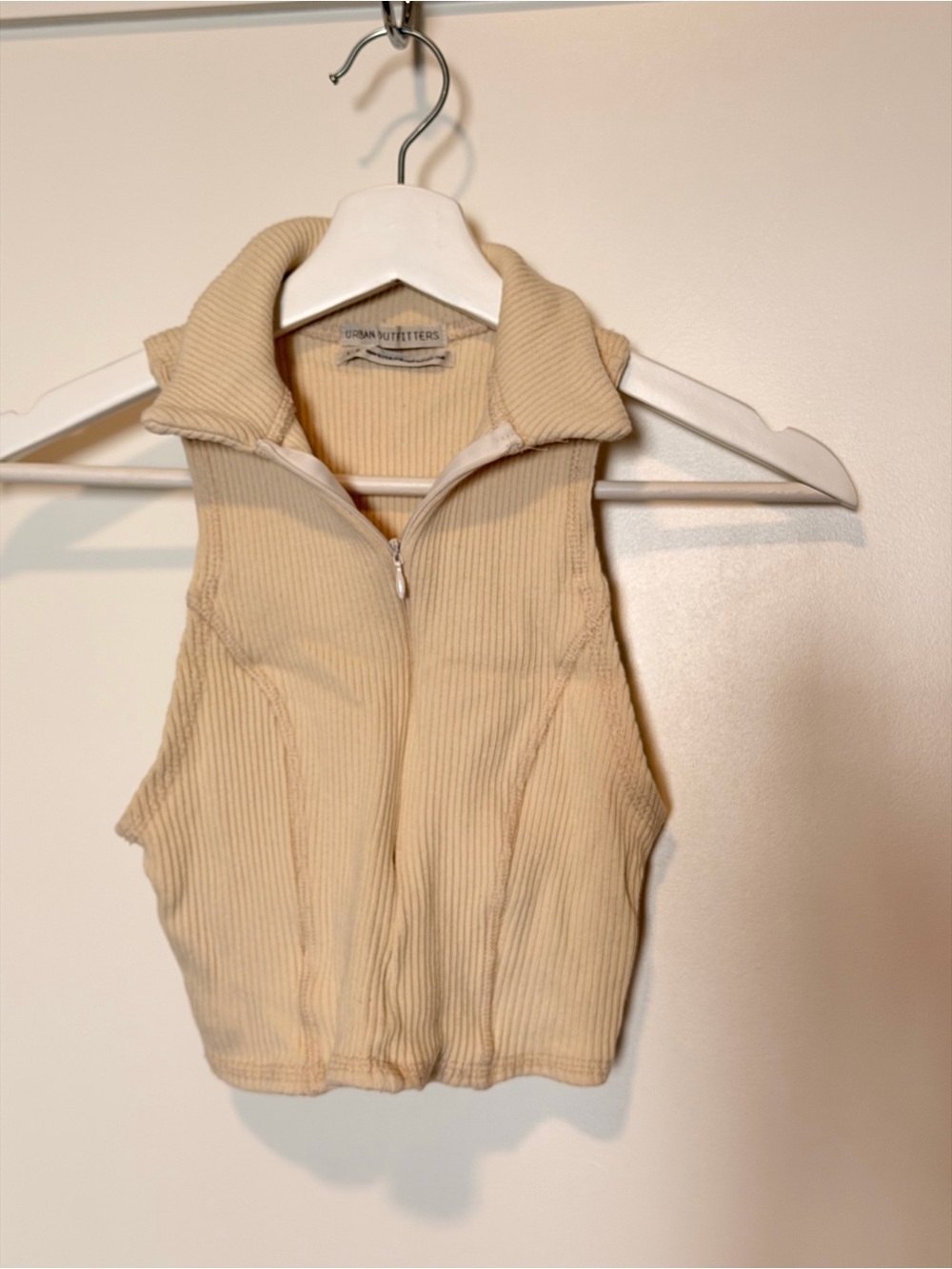 Urban Outfitters Cream Ribbed Zip Vest with Stand Collar